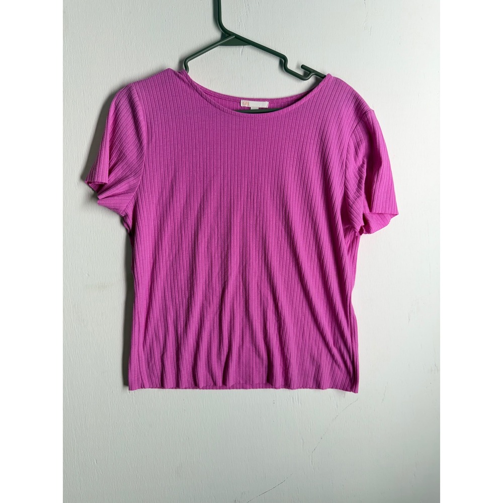 GB Ribbed Knit Short Sleeve Top Magenta Pink Crew Neck Tee XL